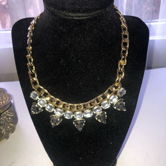 Gold and Silver Statement Necklace with Clear Crystals - Picture 1 of 7